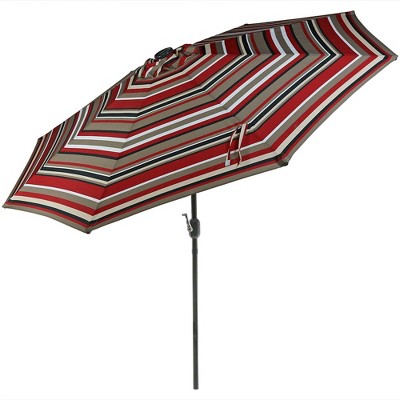 Sunnydaze Outdoor Aluminum Patio Umbrella with Solar LED Lights, Tilt, and Crank - 9' - Awning Stripe