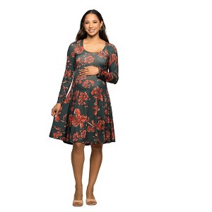 24seven Comfort Apparel Maternity Long Sleeve Fit and Flare Dress in Green Orange Floral Print - 1 of 3