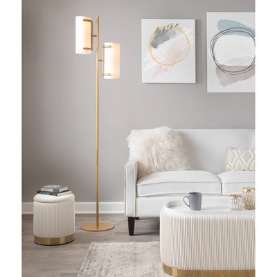 LumiSource Rhonda Floor Lamp: Dual Can Lights, White Plastic Shades, Gold Metal Base, 71" Height