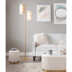 LumiSource Rhonda Floor Lamp: Dual Can Lights, White Plastic Shades, Gold Metal Base, 71" Height - 1 of 4