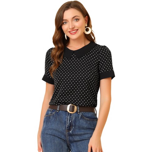 Allegra K Women's Polka Dots Flat Collar Contrast Tie Neck Short Sleeve  Blouses Dark Blue X-Small