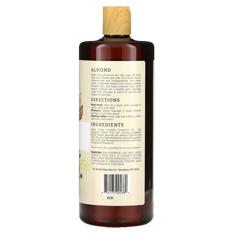 Dr Jacobs Naturals Pure Castile Liquid Soap Gel - Moisturizing (Almond Honey, 32 oz 1-Pack) Made with Premium Organic Oils - Vegan, No Palm Oil, GMO, 2 of 3