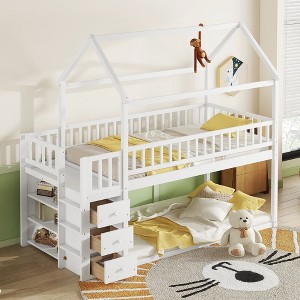 Okak Twin Over Twin Wood House Bunk Bed with Slide & Safety Guardrail Loft Bunk Bed with Ladder for Kids Teens, Easy Assemble, White - 1 of 4