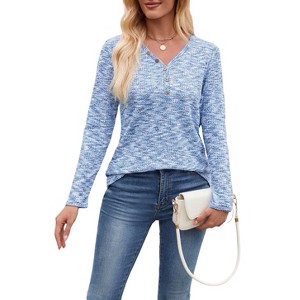 Womens Waffle Knit Top V Neck Long Sleeve Henley Shirts Button Up Fall T Shirt - 1 of 3