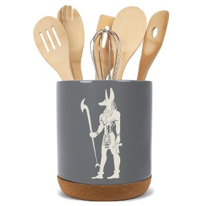 Elanze Designs Kitchen Utensil Holder With Non Slip Cork Base Large 8 Inch Ceramic Storage Crock Egyptian Icon Countertop Organizer Anubis Gray - 1 of 4