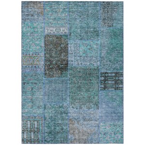 Teal Blue Aqua And Gray Patchwork Washable Indoor Outdoor Area Rug - 1 of 4