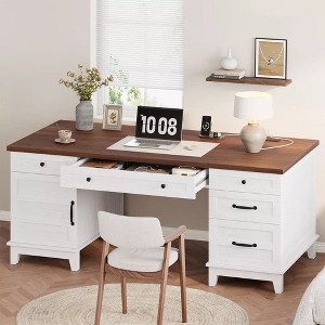 60" Executive Desk, Farmhouse Computer Desk with Drawers and Cabinet, Home Office Desk w/Charging Station, Workspace for Work Study Writing - 1 of 4