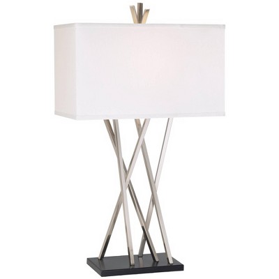 Possini Euro Design Modern Table Lamp Brushed Steel White Linen Rectangular Box Shade for Living Room Family Bedroom Bedside