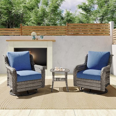 SUGOLD Hand Woven Wicker Patio Conversation Set with Blue Cushions