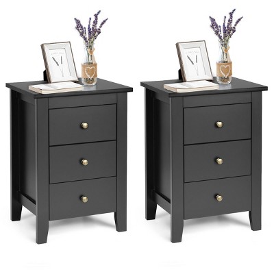 Costway Set of 2 Nightstand End Beside Sofa Table w/ 3 Drawers Bedroom  Furniture Black