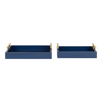 Navy Blue and Gold Rectangular Wood Tray Set with Metal Handles