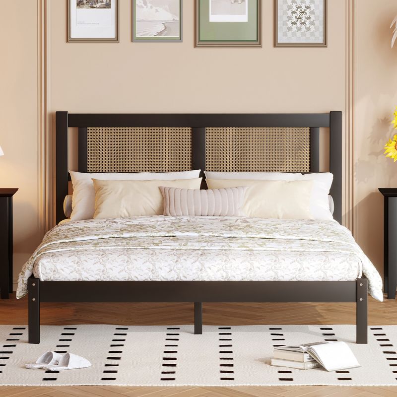 Queen/Full Size Wooden Platform Bed with Natural Rattan Headboard 4A -ModernLuxe, 2 of 9