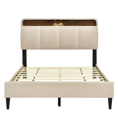 HomeRoots Beige Tufted Upholstered Full Bed Frame With USB