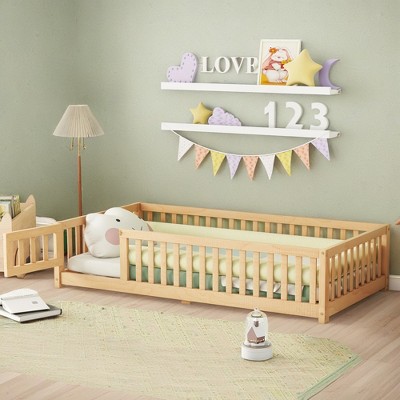 ROOMTEC Floor Bedframe w/Safety Guardrails and Door,Wood Bed with Removed Slats for Kids