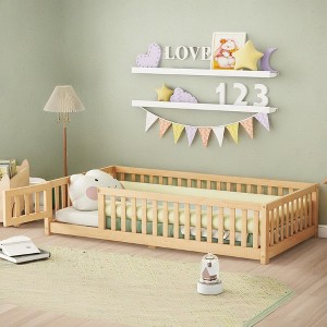 ROOMTEC Floor Bedframe w/Safety Guardrails and Door,Wood Bed with Removed Slats for Kids - 1 of 4