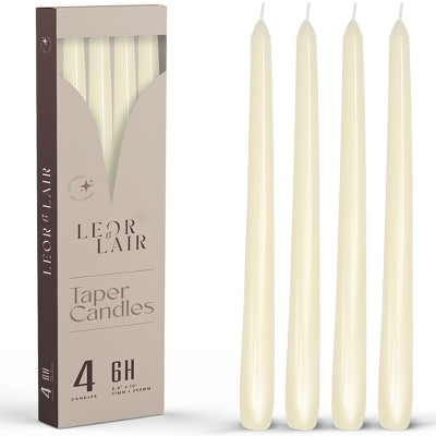 Leor & Lair 10" Taper Candles - 4 Pack - Unscented Tapered Candlesticks for Dinner, Home, and Holiday