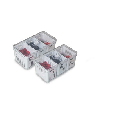 OU Fridge Organizer Bins with Triple Drain Baskets & Vented Lids, Clear Stackable Refrigerator Storage Container, Produce Kitchen Storage Bin