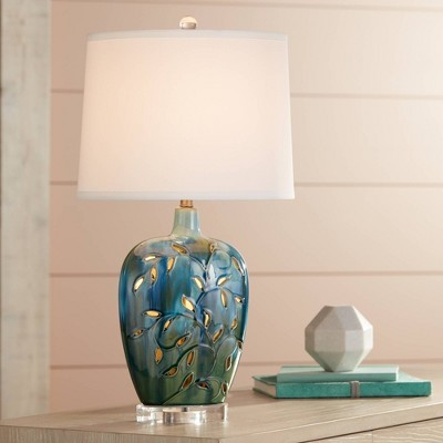 Blue Ceramic Table Lamp with White Fabric Shade