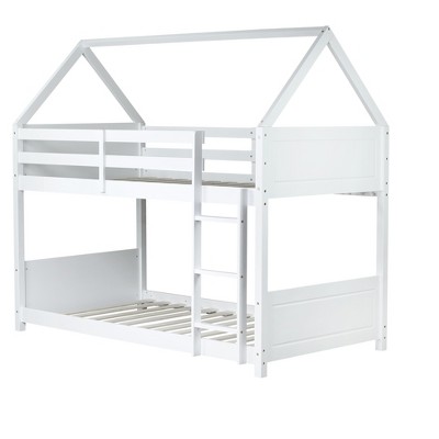 Dolonm Twin Over Twin House Floor Bunk Bed with Headboards, Footboards and Guardrails, Ladder