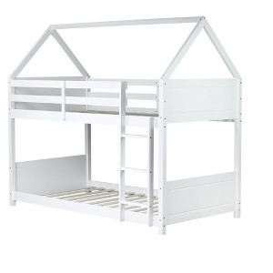 Dolonm Twin Over Twin House Floor Bunk Bed with Headboards, Footboards and Guardrails, Ladder - 1 of 4
