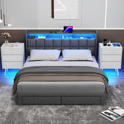 Vynxaria 2 Pack Modern Nightstand with Charging Station, LED Light & Fabric Drawers - Stylish & Functional Bedside Solution