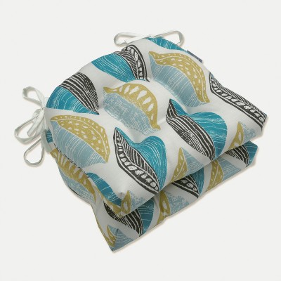 Set of 2 Leaf Block Outdoor/Indoor Deluxe Tufted Chairpads Teal/Citron - Pillow Perfect: Weather-Resistant Patio Furniture Cushions