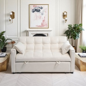82" Velvet Sleeper Sofa Bed with Adjustable Backrest, Pull-Out Bed, Storage Pockets, and 2 Pillows for Living Room - 1 of 4
