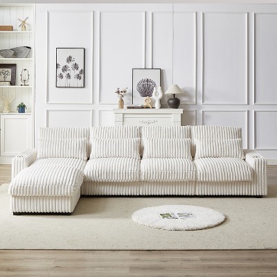TiramisuBest 126" L-Shaped Corduroy Sofa w/ Cup Holder, Movable Footrest, 4 Waist & Back Pillows, USB & Type-C Ports,Beige
