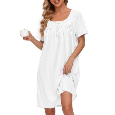 Ekouaer Nightgowns for Women Cotton Night Gown Short Sleeve Sleep Shirts Button Victorian Night Dress Soft Sleepwear White L : Target