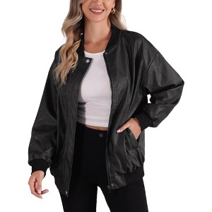 Allegra K Women's Faux Leather Stand Collar Zip Up Oversized Moto Bomber Jackets - 1 of 4