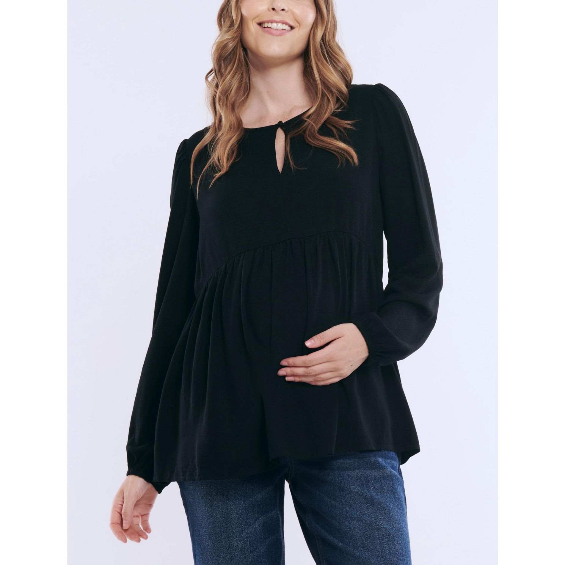Women's Long Sleeve Empire Waist Keyhole Woven Blouse  - Black Size: Large - Motherhood Maternity
