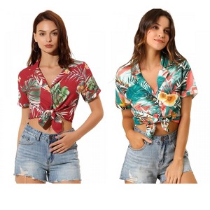 Allegra K Women's Hawaiian Floral Leaves Printed Short Sleeve Button Down Vintage Shirt 2 Pcs - 1 of 4