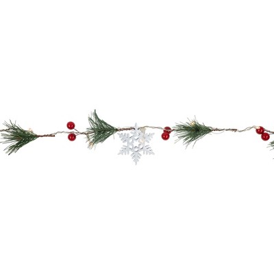 Festive Pine and Berry LED Garland with Snowflakes - 6ft
