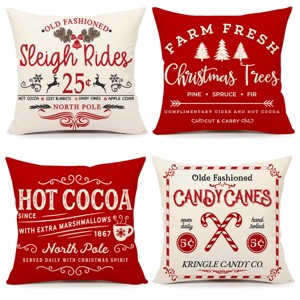 Set of 4 Farmhouse Christmas Pillow Covers 18x18 Set of 4 Winter Holiday Decorations, Red Beige - 1 of 4
