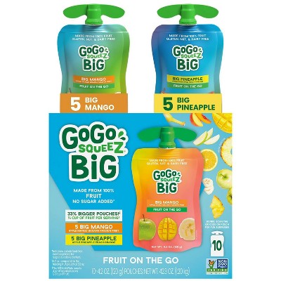GoGo squeeZ BIG Applesauce and Fruit Puree Variety Pack, BIG Pineapple, BIG Mango - 4.2oz/10ct