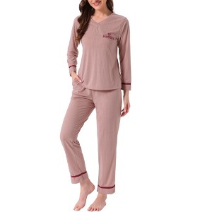 INSPIRE CHIC Women's Cotton Ribbed V Neck Pullover Tops and Pants with Pockets Pajama Sets - 1 of 4