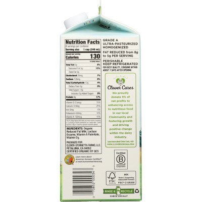 Clover Sonoma UHT Organic Pasture Raised Lactose Free 2% Milk - 0.5gal