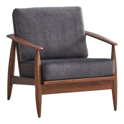 Charcoal Fabric and Brown Wood Mid-Century Modern Accent Chair