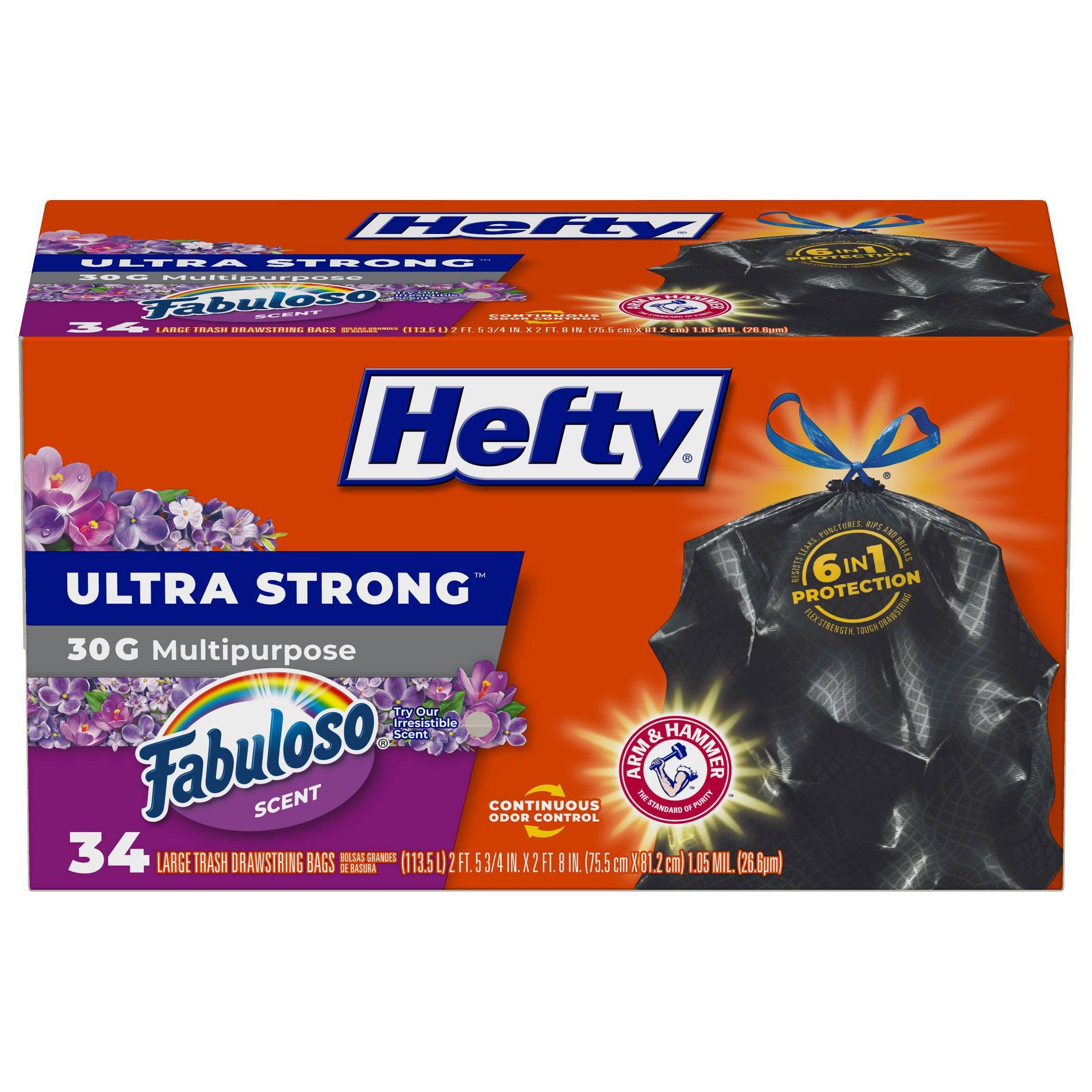 Hefty Ultra Strong Fabuloso 30gal Trash Bags - 34ct: Flexible LDPE, Odor Control, Gripping Drawstring, Extra Strong