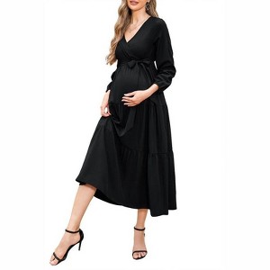 Coolmee Women's Summer Floral Maxi Dress Casual Wrap V Neck Long Sleeve Tie Waist Ruffle Boho Flowy Long Dresses - 1 of 4