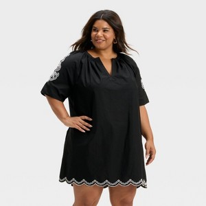 Women's Short Sleeve Eyelet Mini A-Line Dress - Universal Thread™ Black - 1 of 3