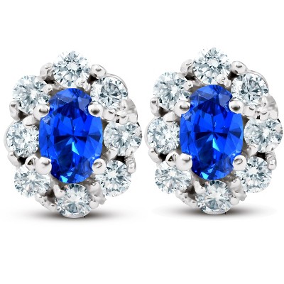 Pompeii3 3.10 Ct Blue Sapphire & Diamond Halo Studs 14k White Gold Lab Created