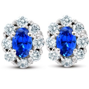 Pompeii3 3.10 Ct Blue Sapphire & Diamond Halo Studs 14k White Gold Lab Created - 1 of 4