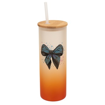 Elanze Designs 25 Ounce Frosted Glass Gradient Travel Tumbler With Straw and Wooden Lid, Blue Monarch Bow Orange