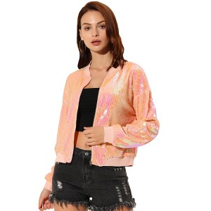 INSPIRE CHIC Women's Party Sequin Sparkle Long Sleeve Cropped Length Zipper Bomber Jacket - 1 of 4