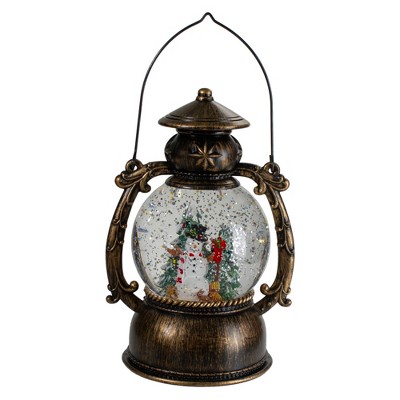 Northlight 8-Inch Black with Brushed Gold LED Snowman and Christmas Trees Snow Globe Lantern