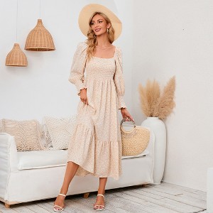 Women's Square Neck Smocked Top Long Sleeve Floral Maxi Dress Soft Breathable Ankle-Length Casual Boho Dress - 1 of 4