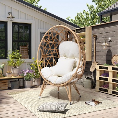 Beige Wicker Egg Chair with Metal Frame and Cushions