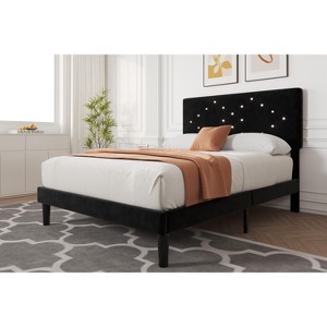 Bed Frame with Button Tufted Headboard - Upholstered Platform Bed with Wooden Slats Support, Velvet Bed Frame, Easy Assembly, No Box Spring Required - 1 of 4