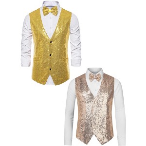 Lars Amadeus Men's Sparkle Sequin Sleeveless Waistcoat Set with Bow Tie 2 Packs - 1 of 4